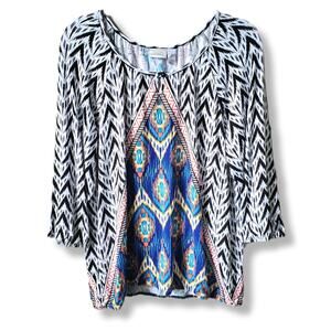 Chicos Women Ikat Colorful Tunic Top L Artsy Art To Wear Boho Mature Casual NEW